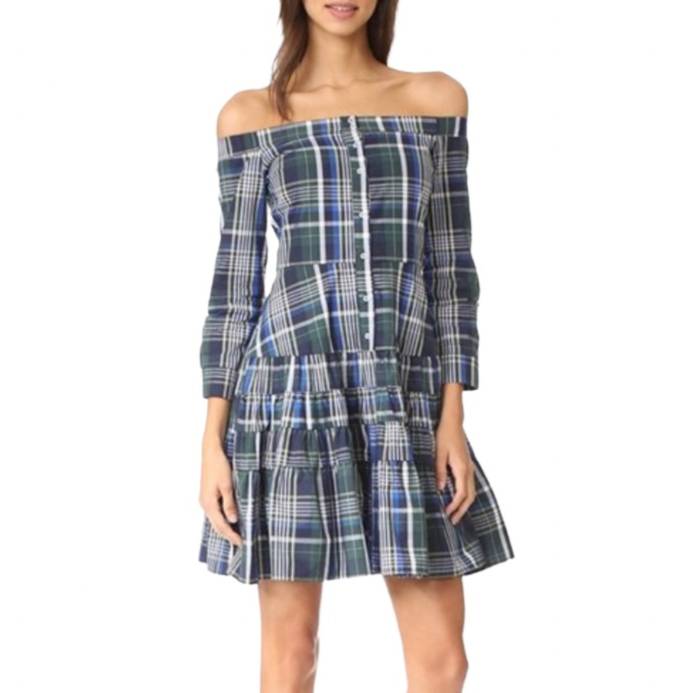 Gianni Bini Multicolor Plaid Off Shoulder Button Down  Daisy Dress NWT